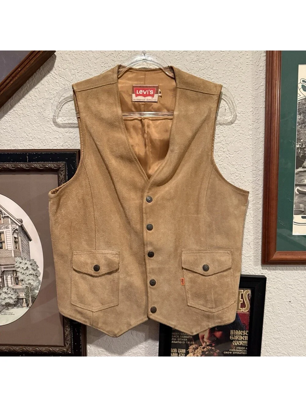 Vintage 60s/70s RARE Levis Tan Suede Western Disco USA Vest Mens Medium